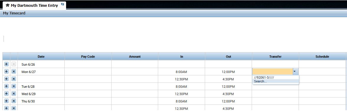 Timecard with transfer dropdown