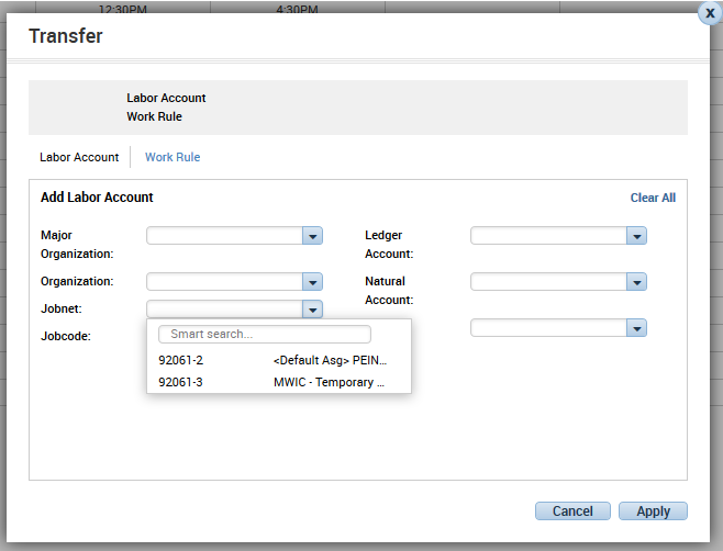 Transfer screen with Jobnet dropdown