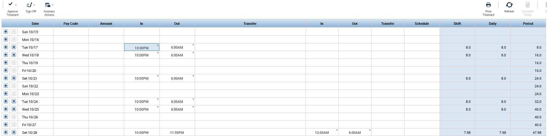 Example of hours moving to the current pay period