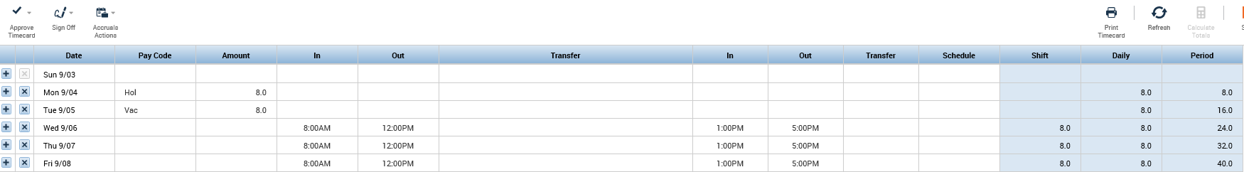 Example of entering holiday and vacation time