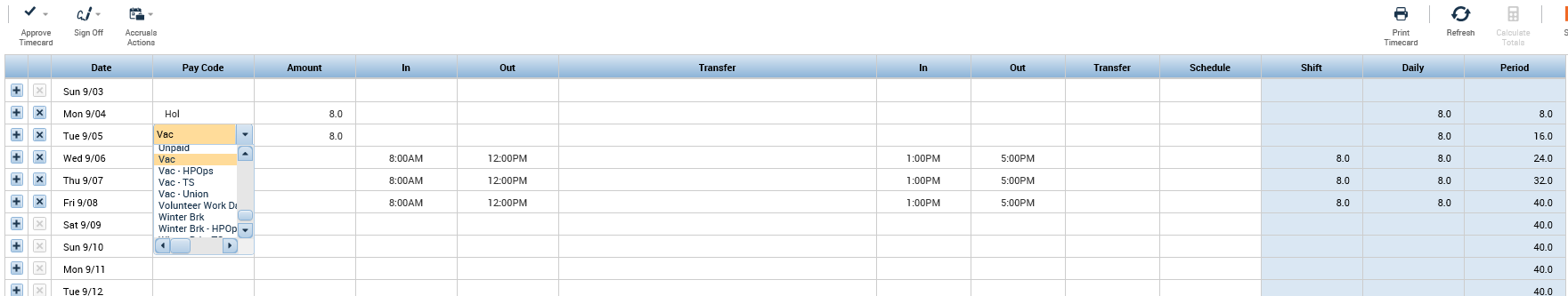 Example of selecting Vacation "Vac" from the Pay Code list