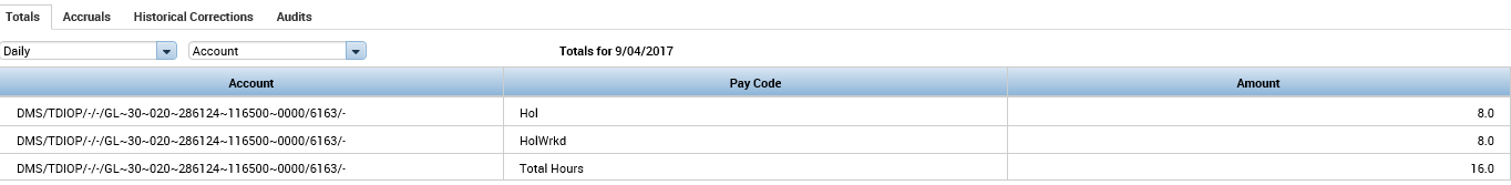 Example of pay code totals with Holiday and Holiday Worked