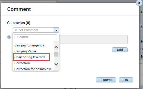 Comment Popup example with Comment selection dropdown