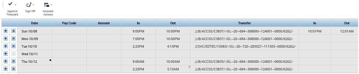 example of timecard with cell with tick mark indicating historical correction