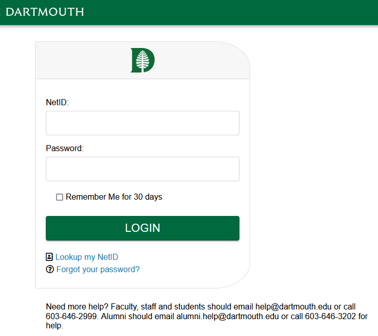 Dartmouth Web Authentication Screen