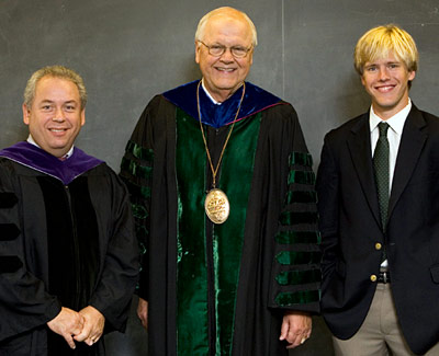 President Wright at Dartmouth's 2007 Convocation with keynote speaker N. Bruce Duthu '80 and Student Assembly President Travis Green '08.